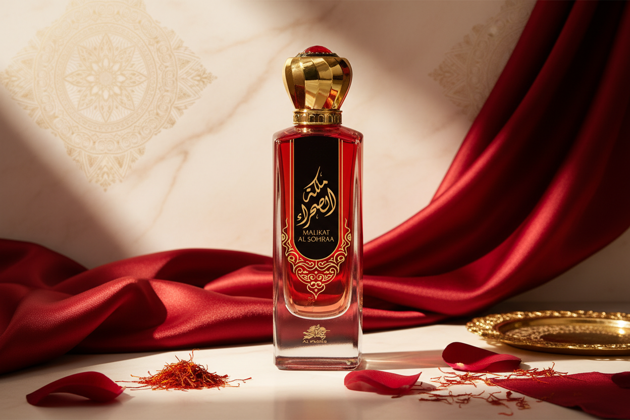 Perfume Al Fares Malikat Al Sohraa, frasco 100 ml con tapa dorada
