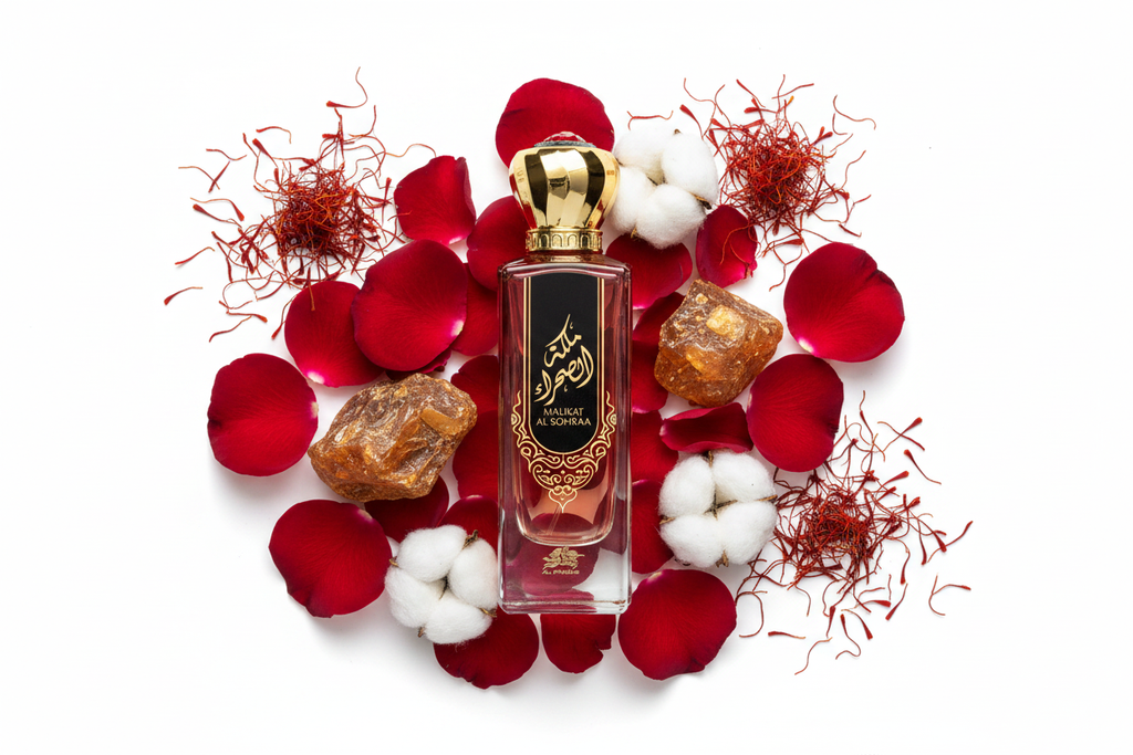 Perfume Al Fares Malikat Al Sohraa, frasco de 100 ml con tapa dorada y pétalos