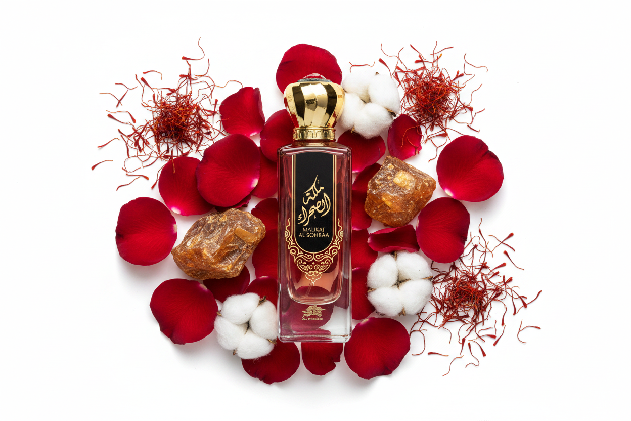 Perfume Al Fares Malikat Al Sohraa, frasco de 100 ml con tapa dorada y pétalos