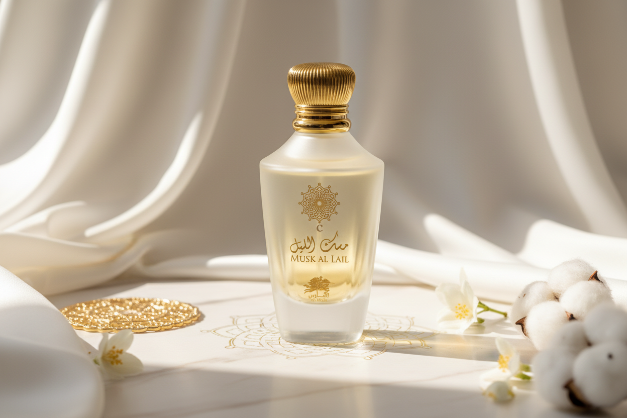 Frasco de perfume Al Fares Musk Al Lail EDP 100 ml, tapa dorada y cuerpo claro