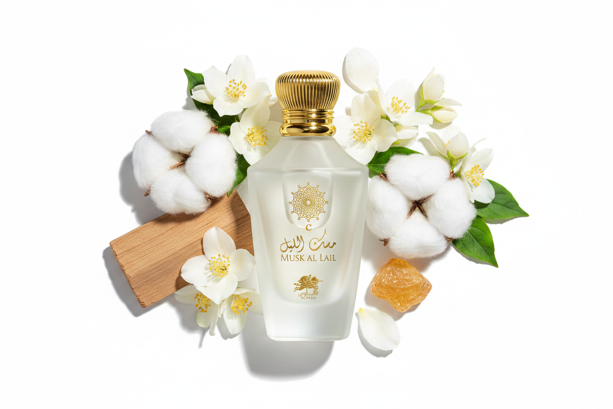Perfume Al Fares Musk Al Lail EDP 100 ml: frasco con tapa dorada y flores blancas