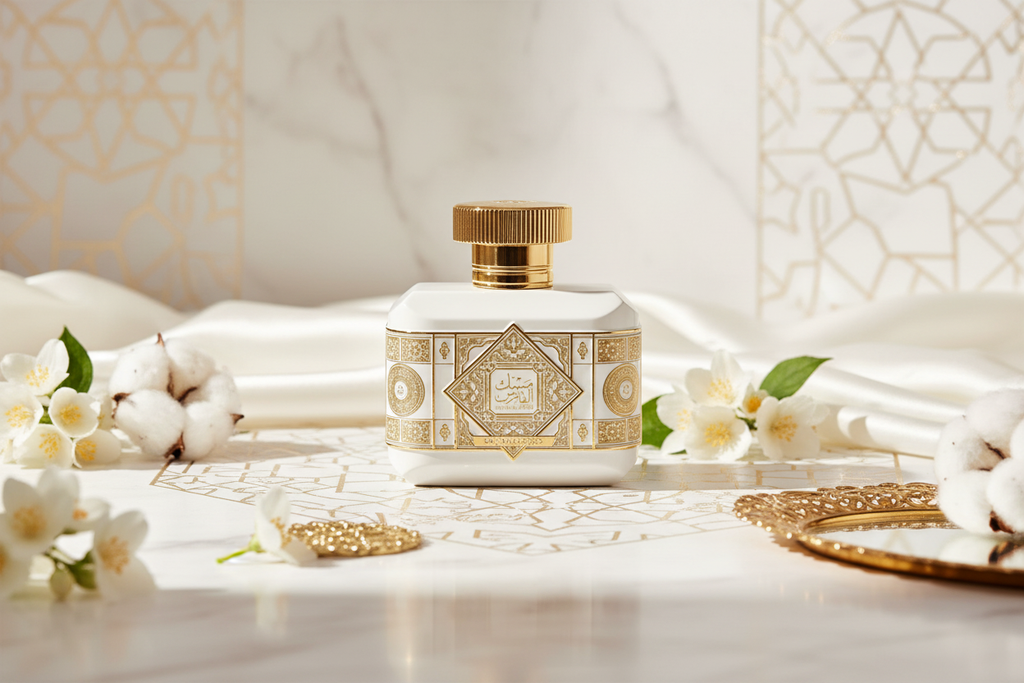 Perfume Al Fares Musk Effect en frasco rectangular con tapa dorada