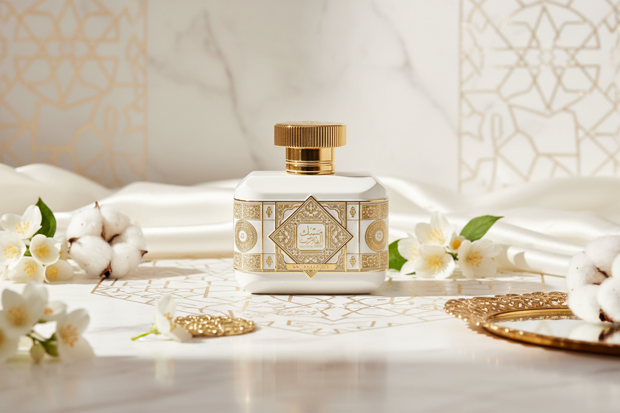 Perfume Al Fares Musk Effect en frasco rectangular con tapa dorada