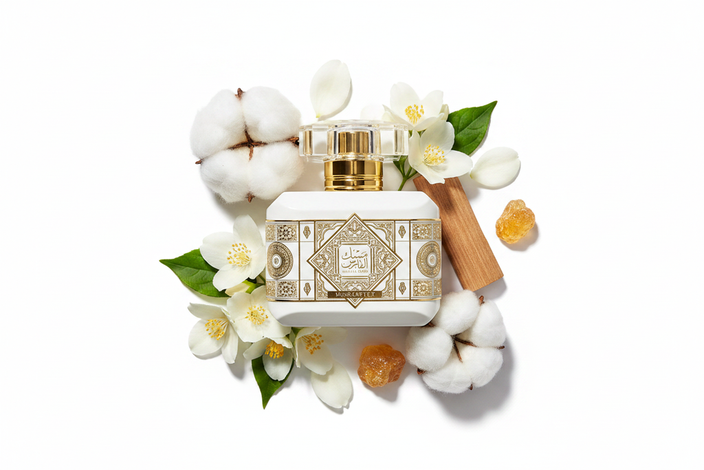 Frasco de Al Fares Musk Effect con tapa dorada y diseño decorativo, 100 ml