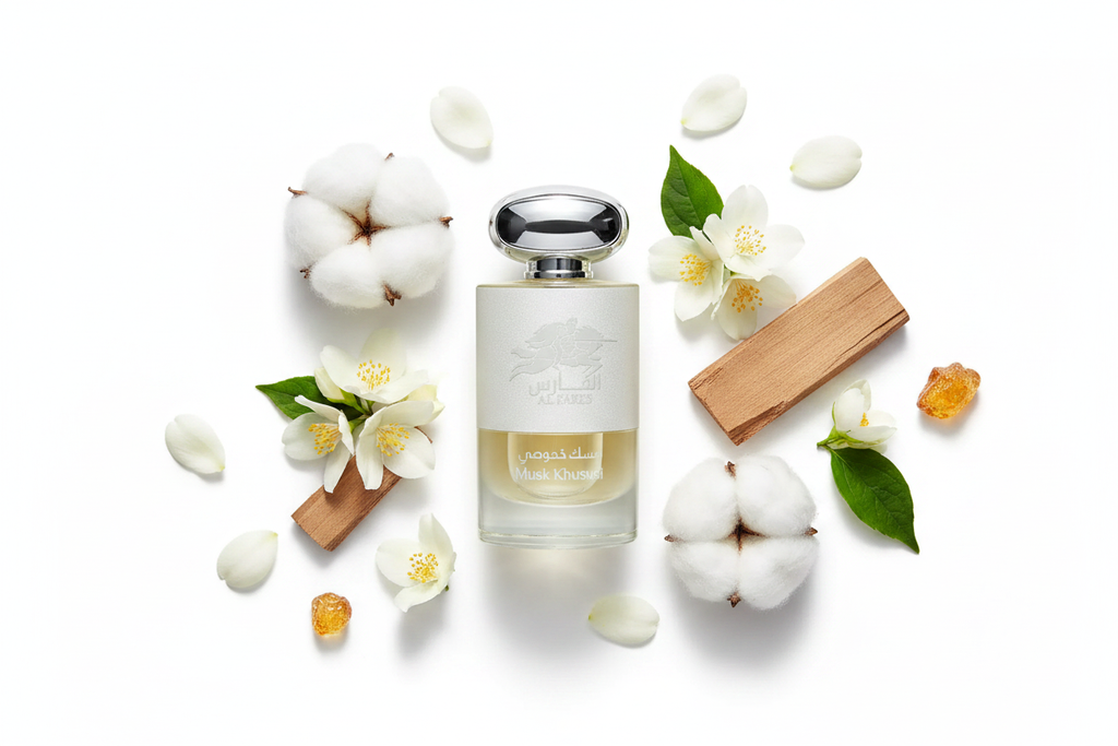 Perfume Al Fares Musk Khususi, Eau de Parfum 100 ml: frasco con tapón plateado