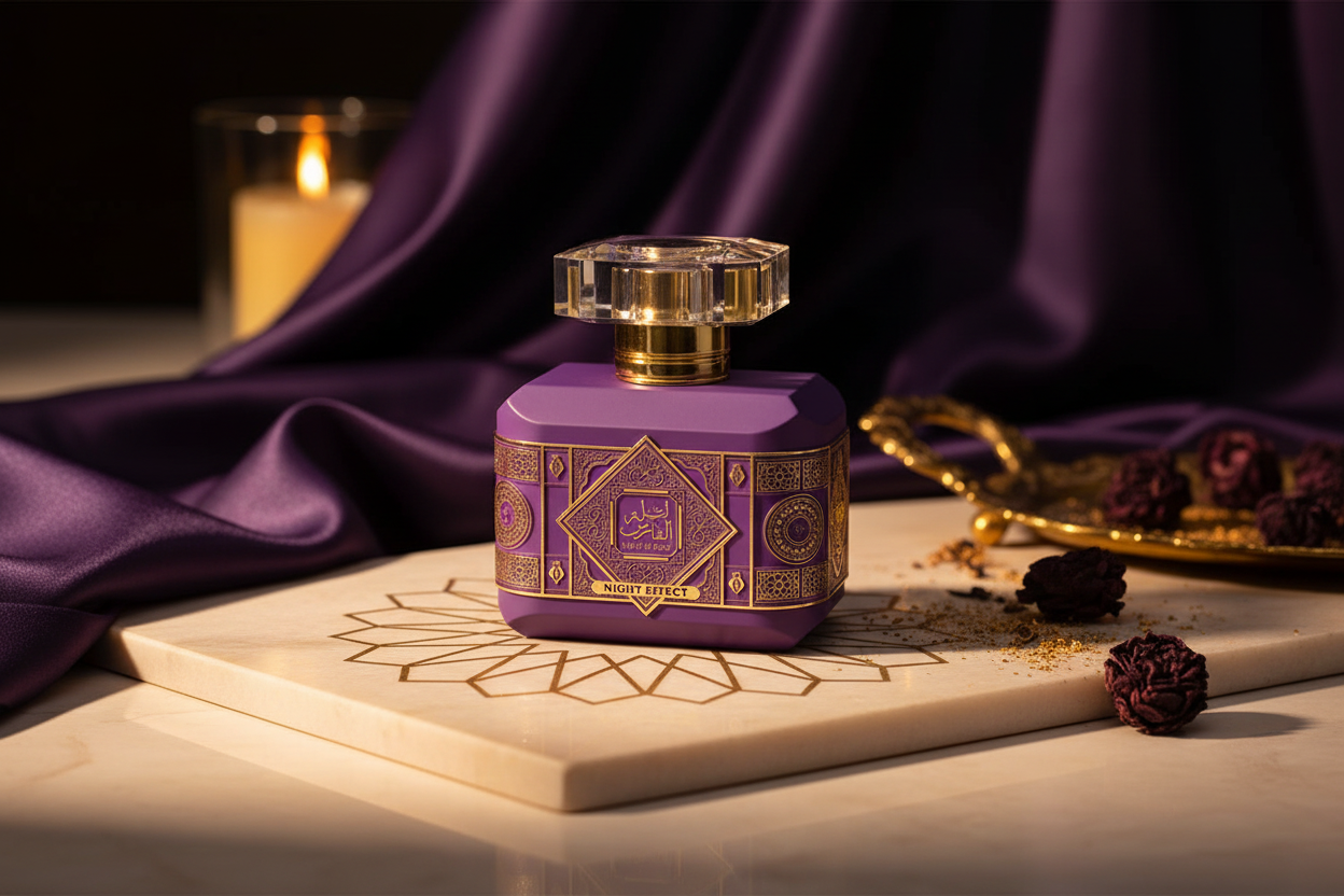 Perfume Al Fares Night Effect: frasco morado con tapa dorada y atomizador