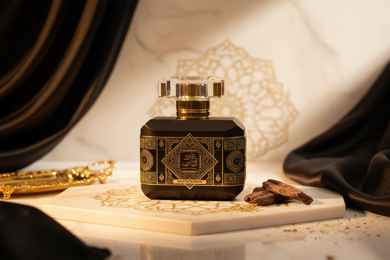 Eau de parfum en botella negra con tapa dorada, sobre papel decorado