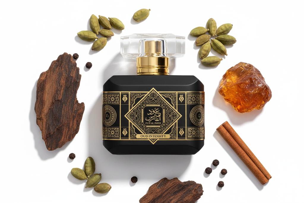 Eau de parfum en botella negra con tapa dorada y detalle dorado