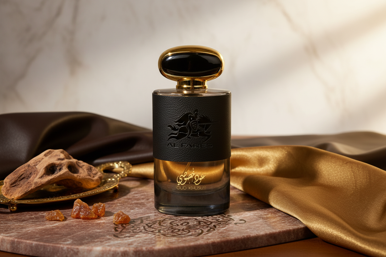 Perfume Al Fares en frasco negro con tapa dorada, sobre tela dorada.