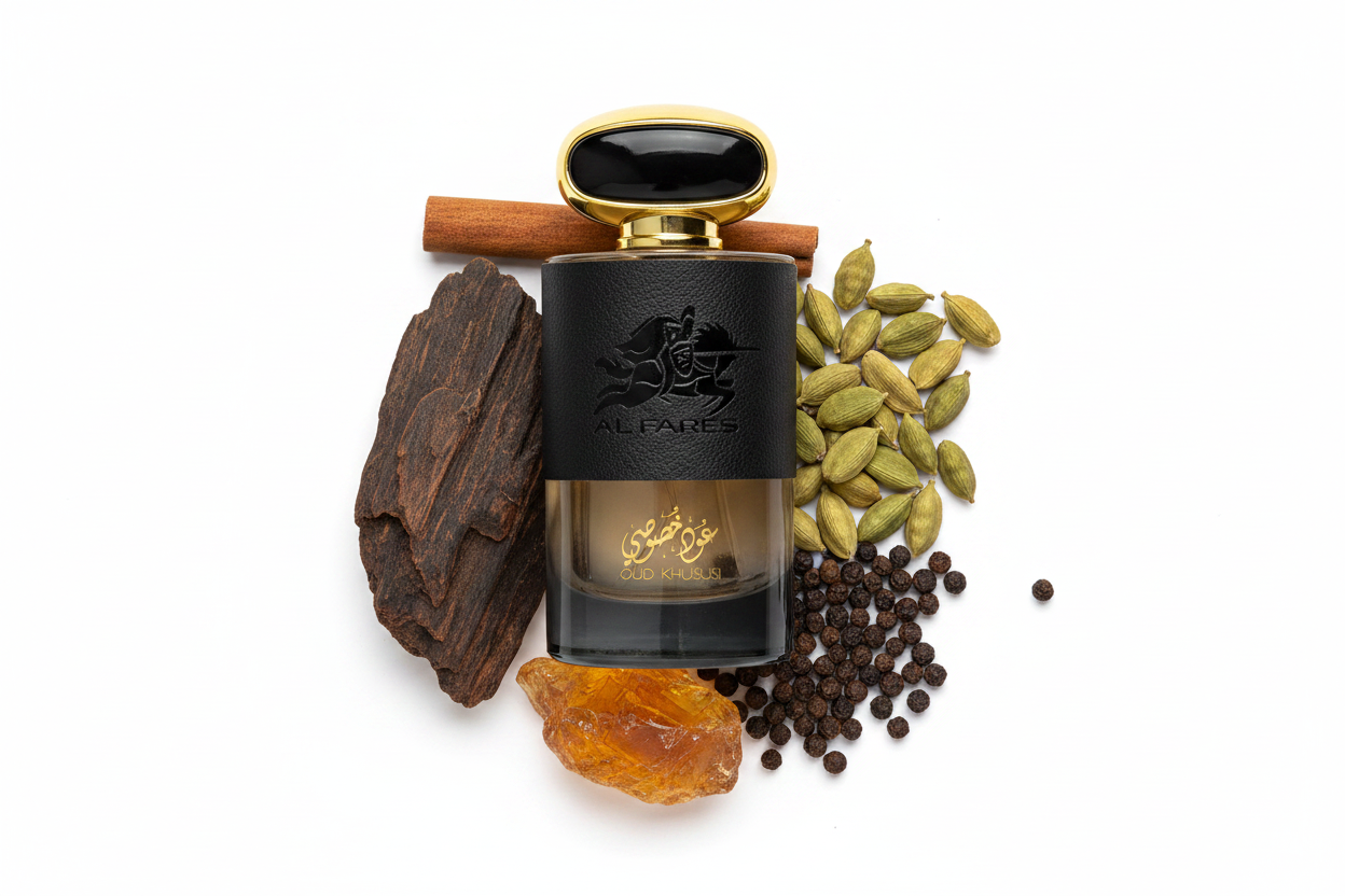 Perfume Al Fares en frasco ámbar con tapa dorada y etiqueta negra.