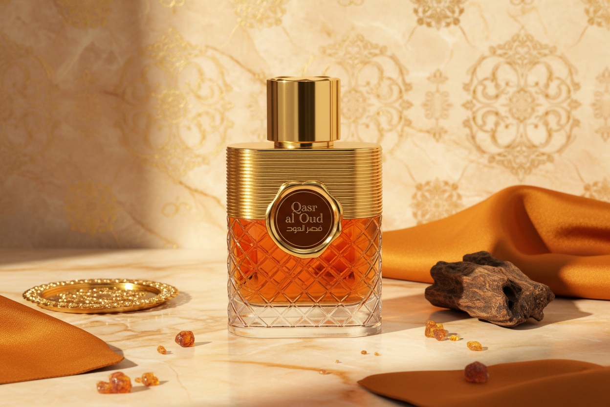 Eau de Parfum Qasr al Oud 100 ml, frasco ámbar con tapa cilíndrica dorada.