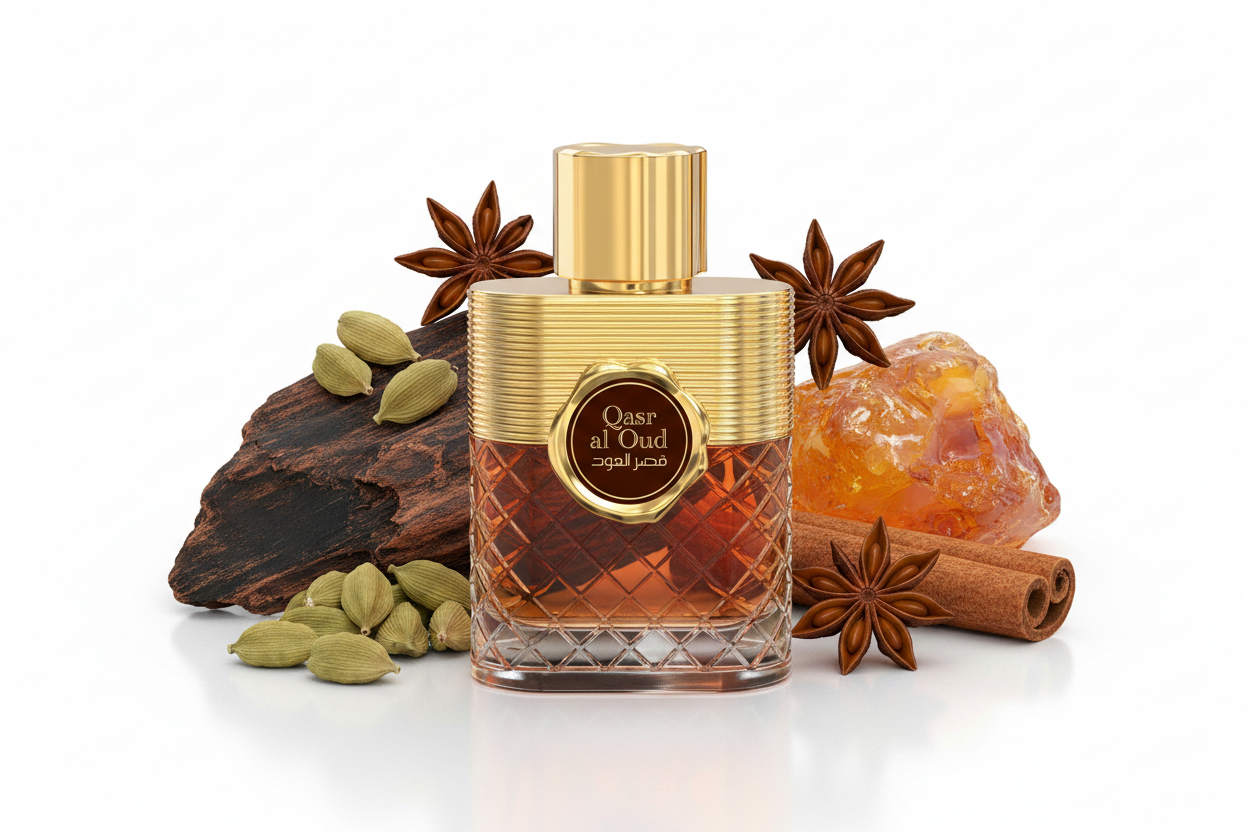 Eau de Parfum Al Fares Qasr al Oud 100 ml: frasco ámbar con tapa dorada.
