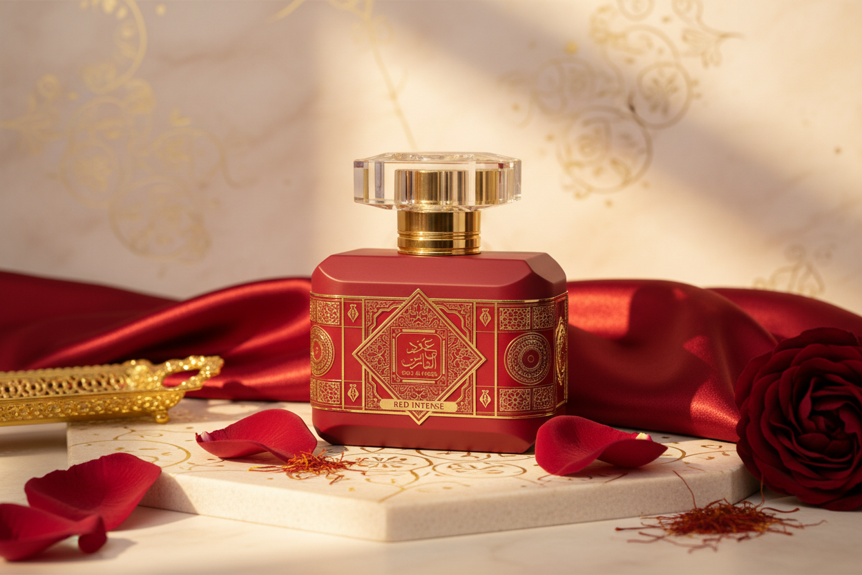 Botella de eau de parfum Al Fares Red Intense con tapa dorada sobre tela roja