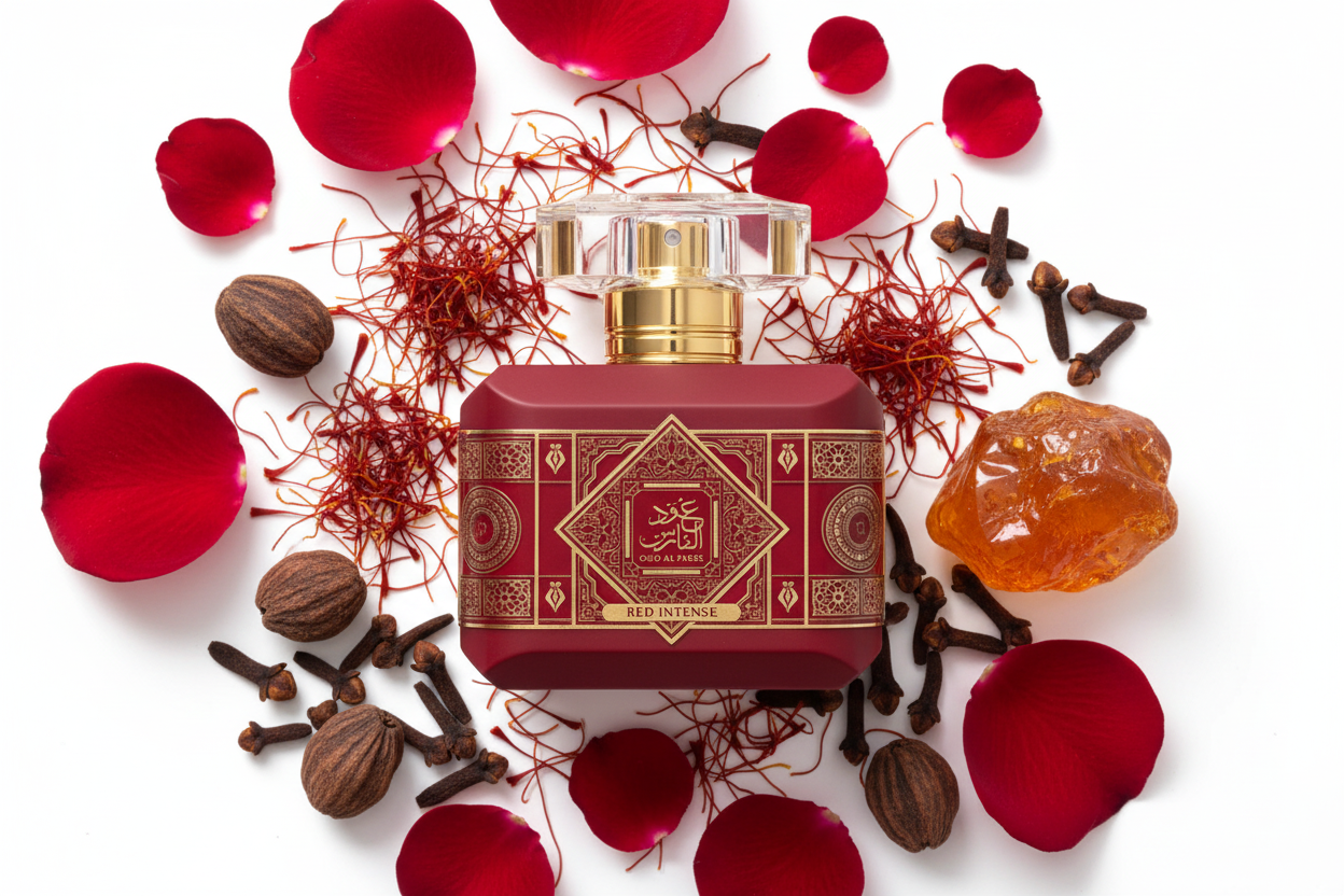 Botella de eau de parfum Al Fares Red Intense, tapa dorada, con pétalos rojos