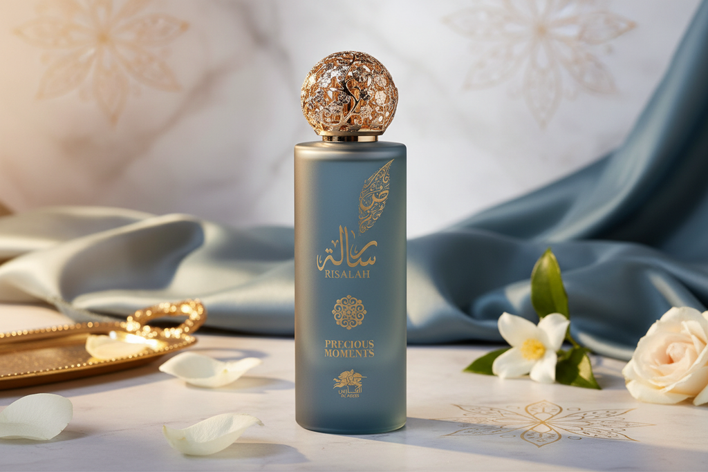 Eau de parfum Al Fares Risalah Precious Moments, frasco azul con atomizador dorado, 100 ml
