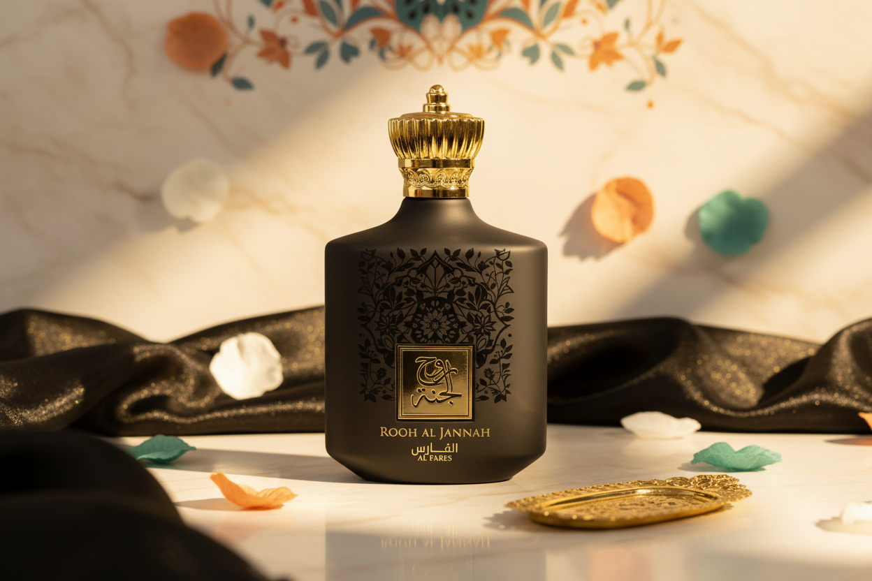 Botella de Eau de Parfum negra con tapa dorada, etiqueta Rooh Al Jannah