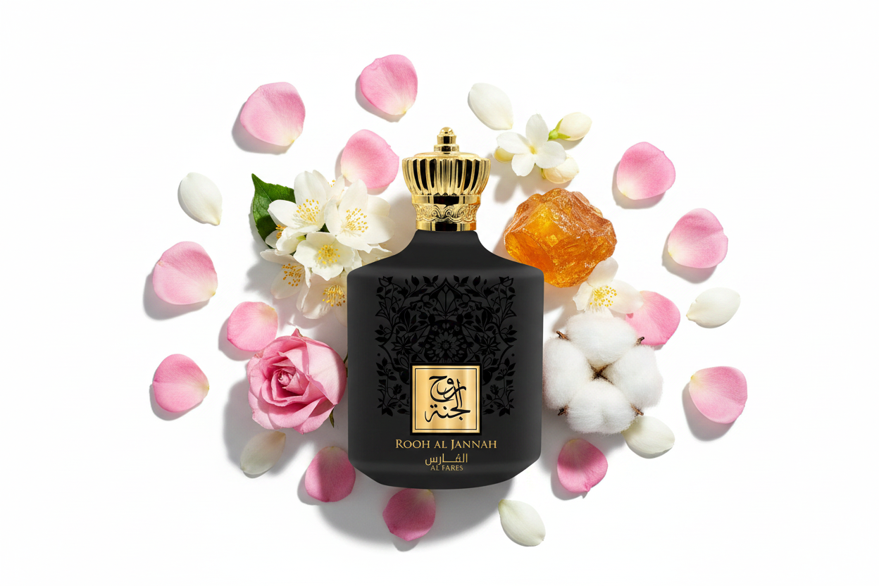 Botella de Eau de Parfum negra con tapa dorada y etiqueta Rooh Al Jannah