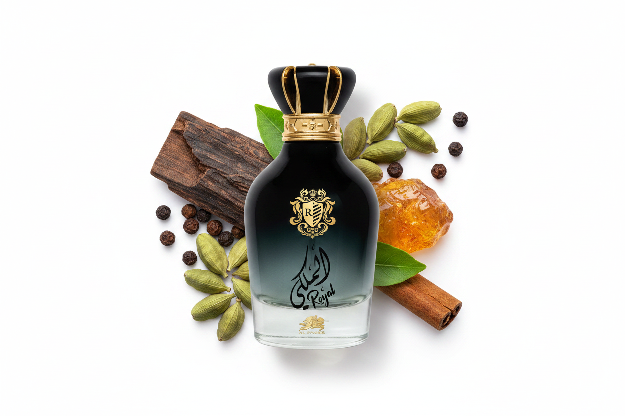 Frasco de eau de parfum Al Fares Royal 100 ml, negro con tapa dorada
