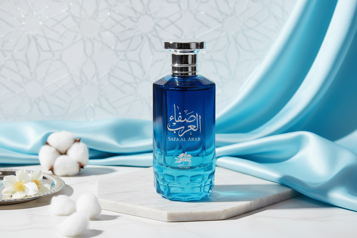 Perfume Al Fares Safa Al Arab Eau de Parfum 100 ml: frasco azul con tapa plateada.
