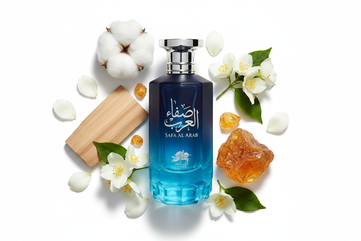 Perfume Al Fares Safa Al Arab Eau de Parfum 100 ml: frasco azul con atomizador plateado.