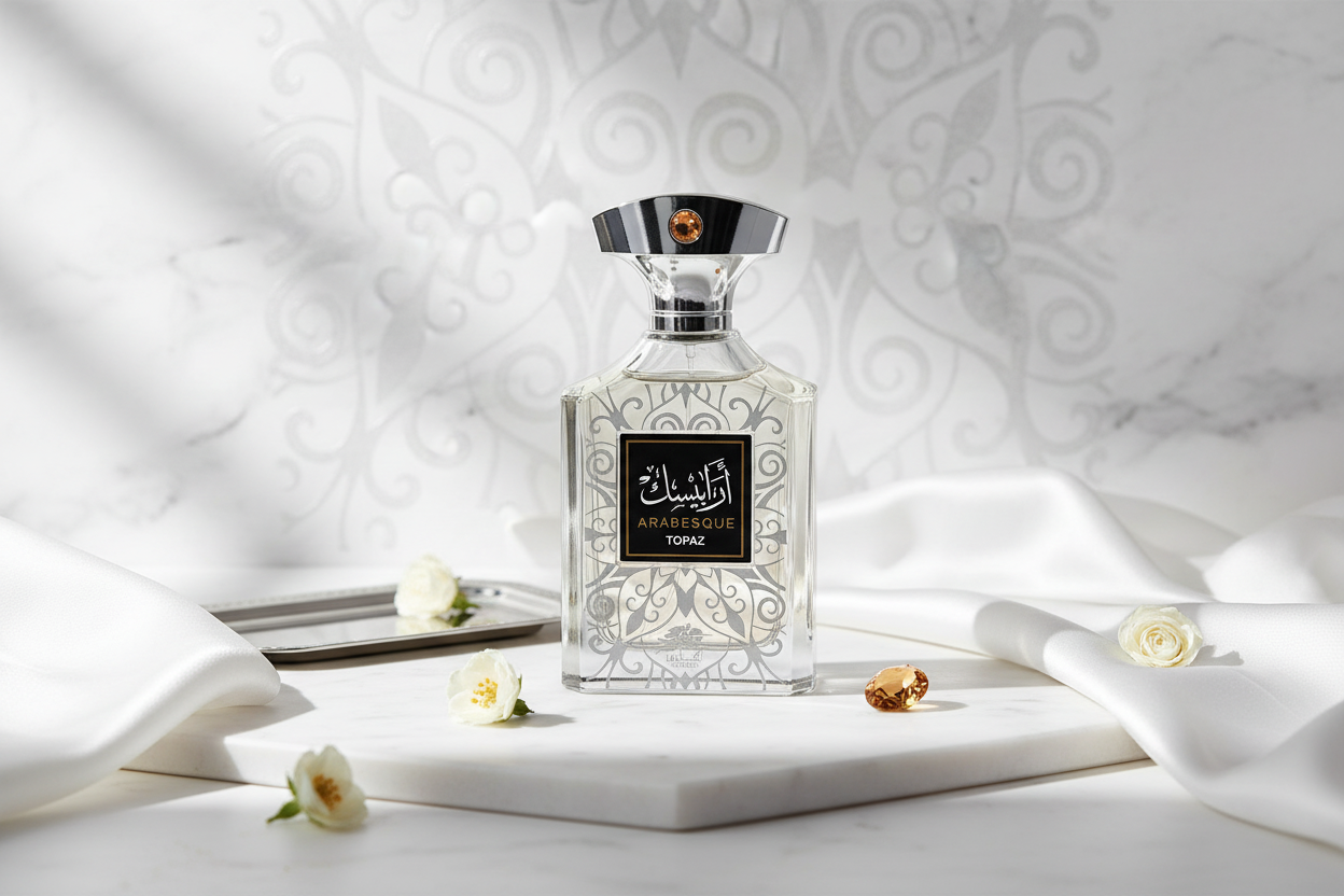 Eau de parfum Al Fares Arabesque Topaz, frasco plateado con etiqueta negra