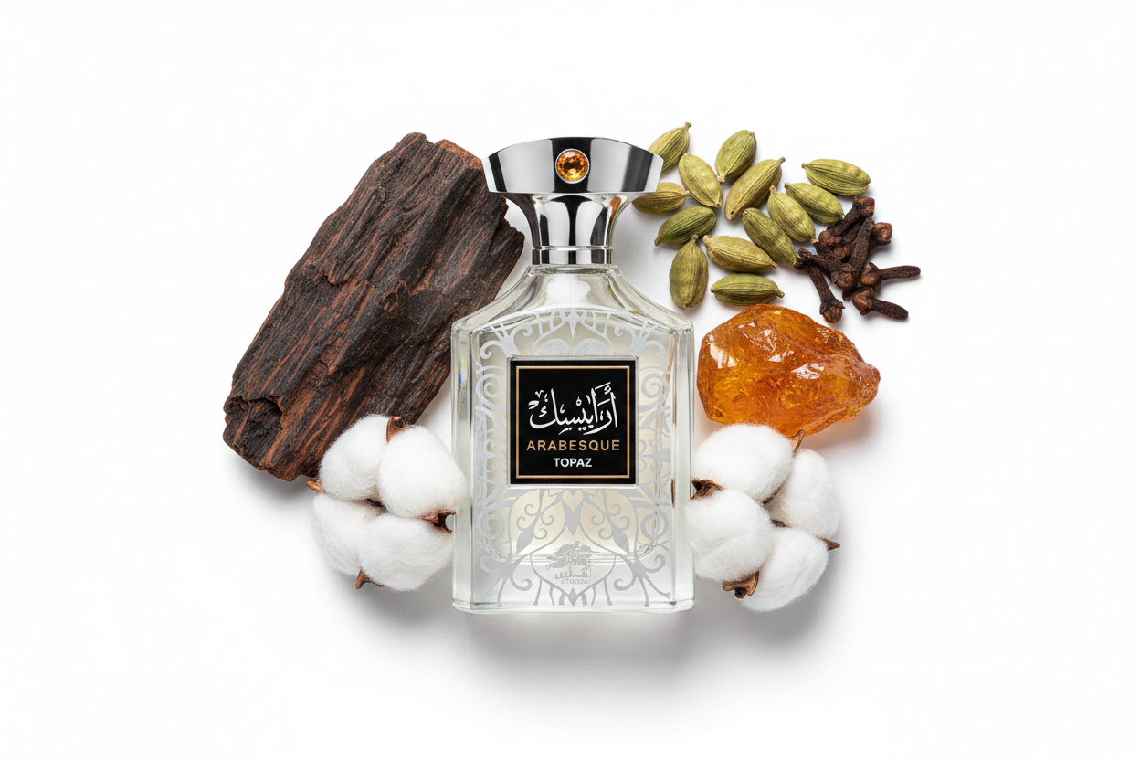 Eau de parfum Al Fares Arabesque Topaz: frasco plateado con tapa dorada