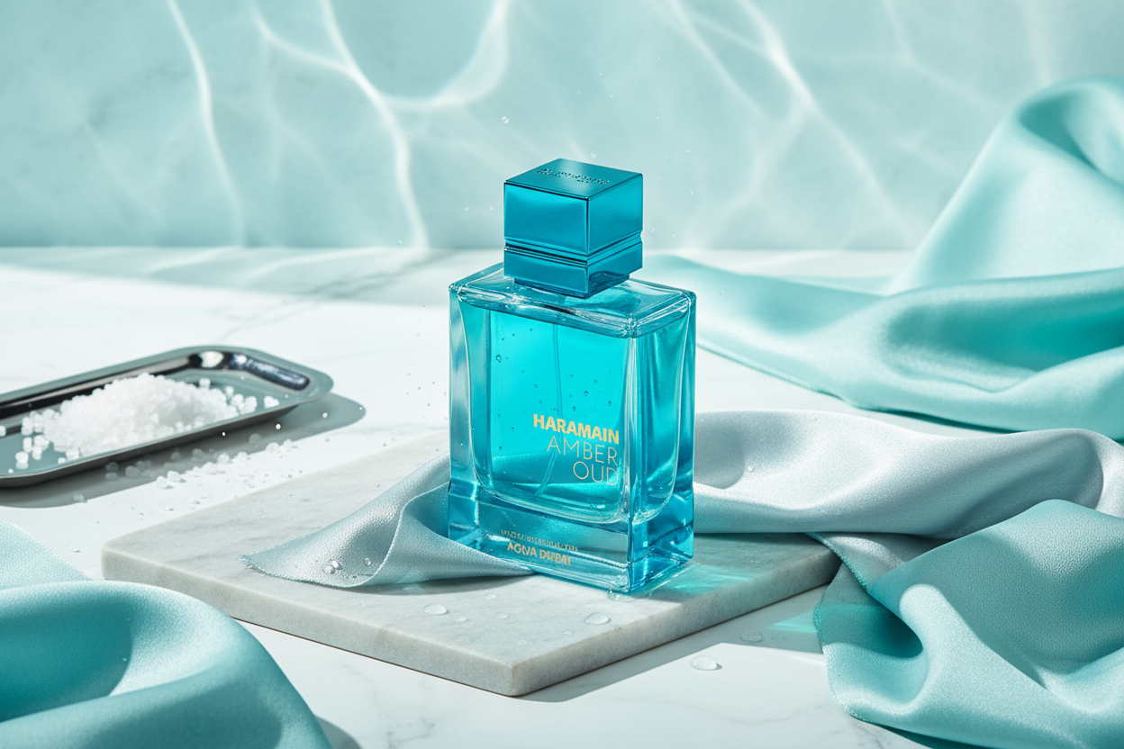 Perfume en botella turquesa con gotas y base de piedra gris.