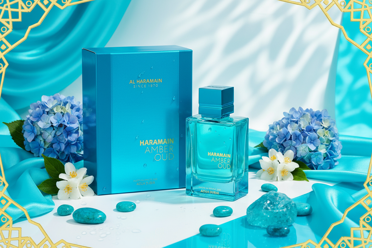 Perfume Al Haramain Amber Oud Aqua: frasco de vidrio turquesa y caja azul, 100 ml