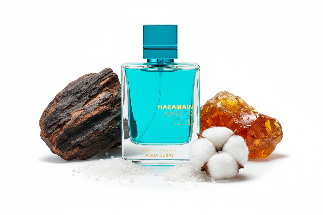 Perfume Al Haramain en botella turquesa con tapa y cristales ámbar.