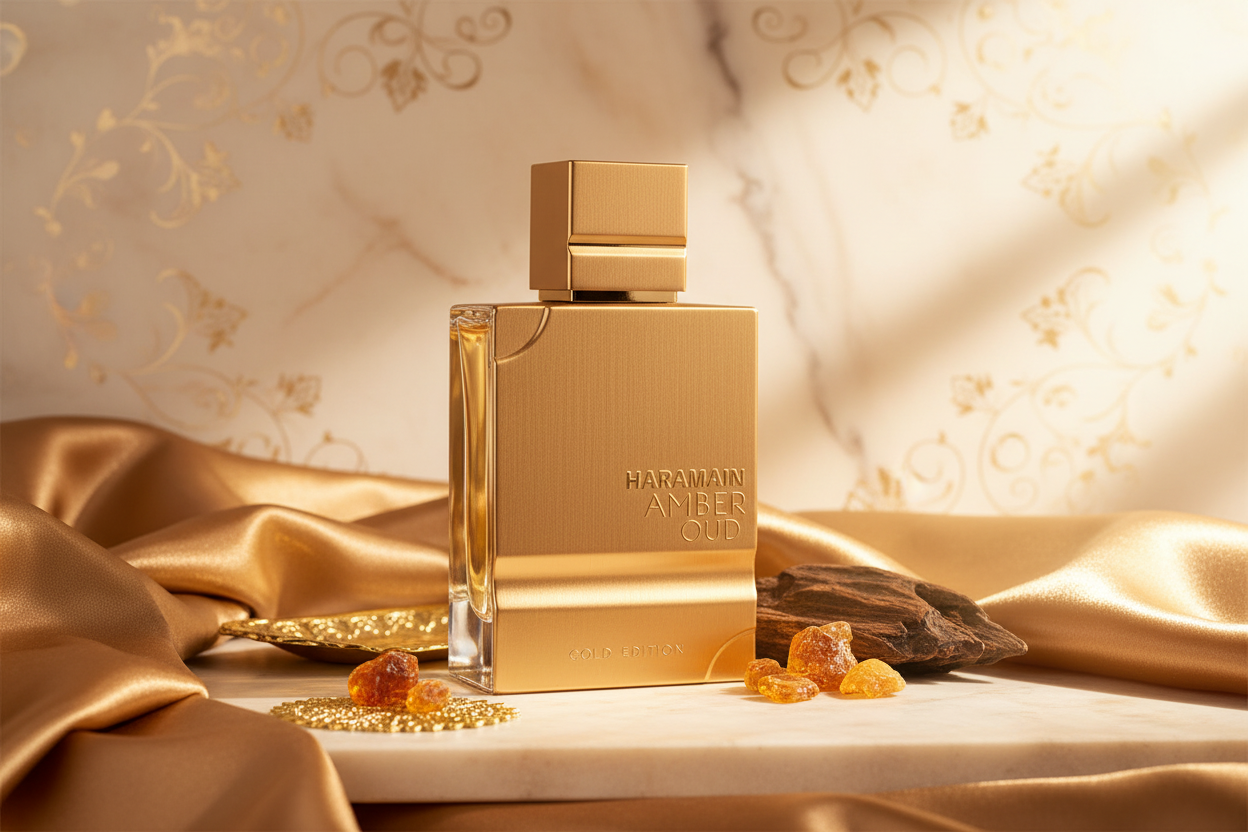 Perfume Al Haramain Amber Oud Gold Edition: frasco y caja, acabado dorado
