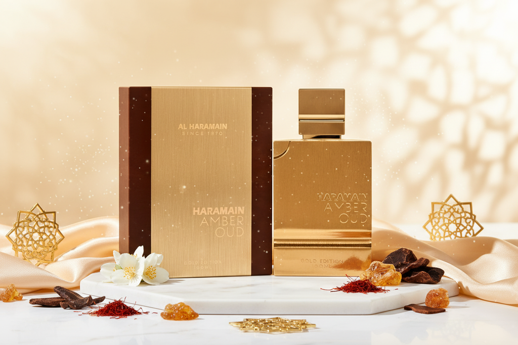 Perfume Eau de Parfum Al Haramain Amber Oud Gold Edition: frasco y caja dorados