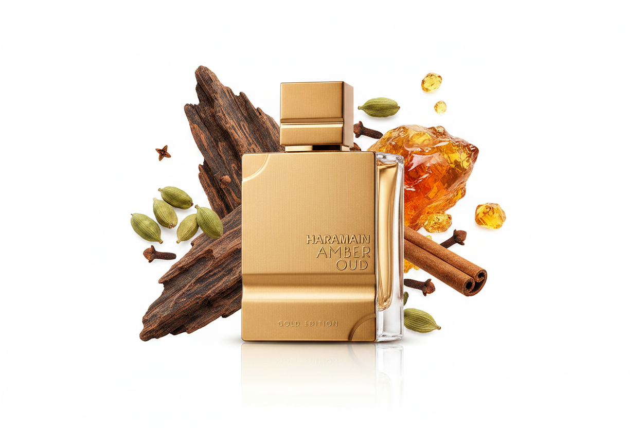Perfume Al Haramain Amber Oud Gold: frasco de vidrio con tapón dorado