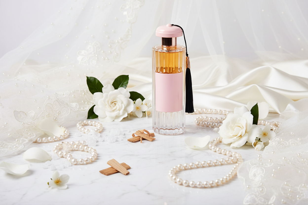 Eau de parfum Al Wataniah Durrat Al Aroos, frasco rosa con tapa dorada, primer plano