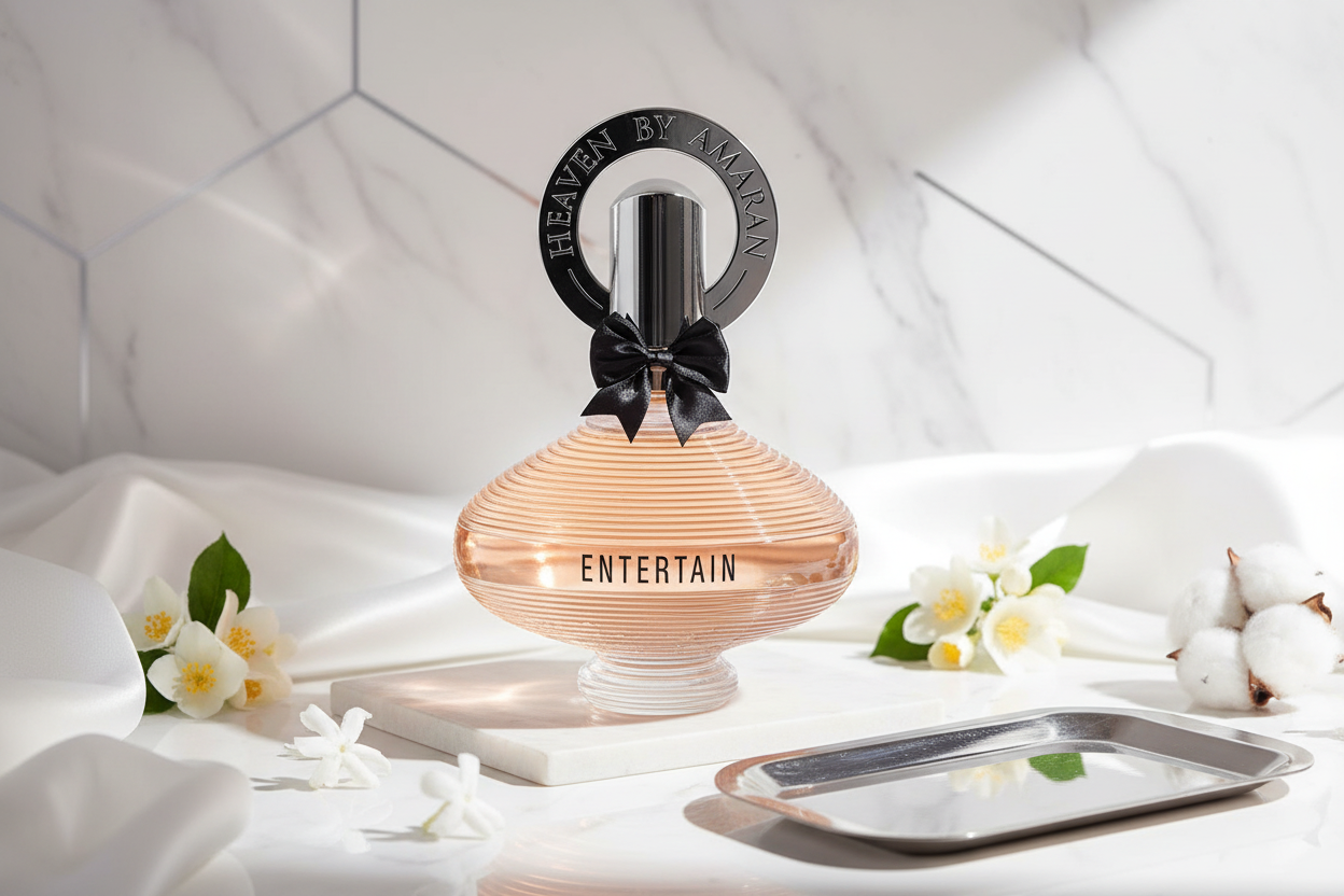 Perfume Eau de Parfum con frasco rosado-dorado y moño negro bajo tapa plateada.
