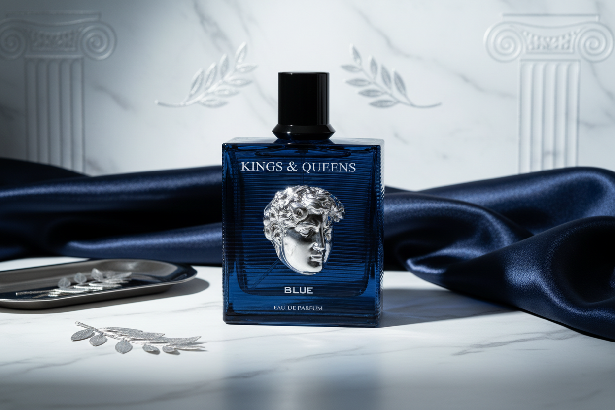 Perfume Kings & Queens Blue en frasco azul sobre tela satinada azul con tapa negra