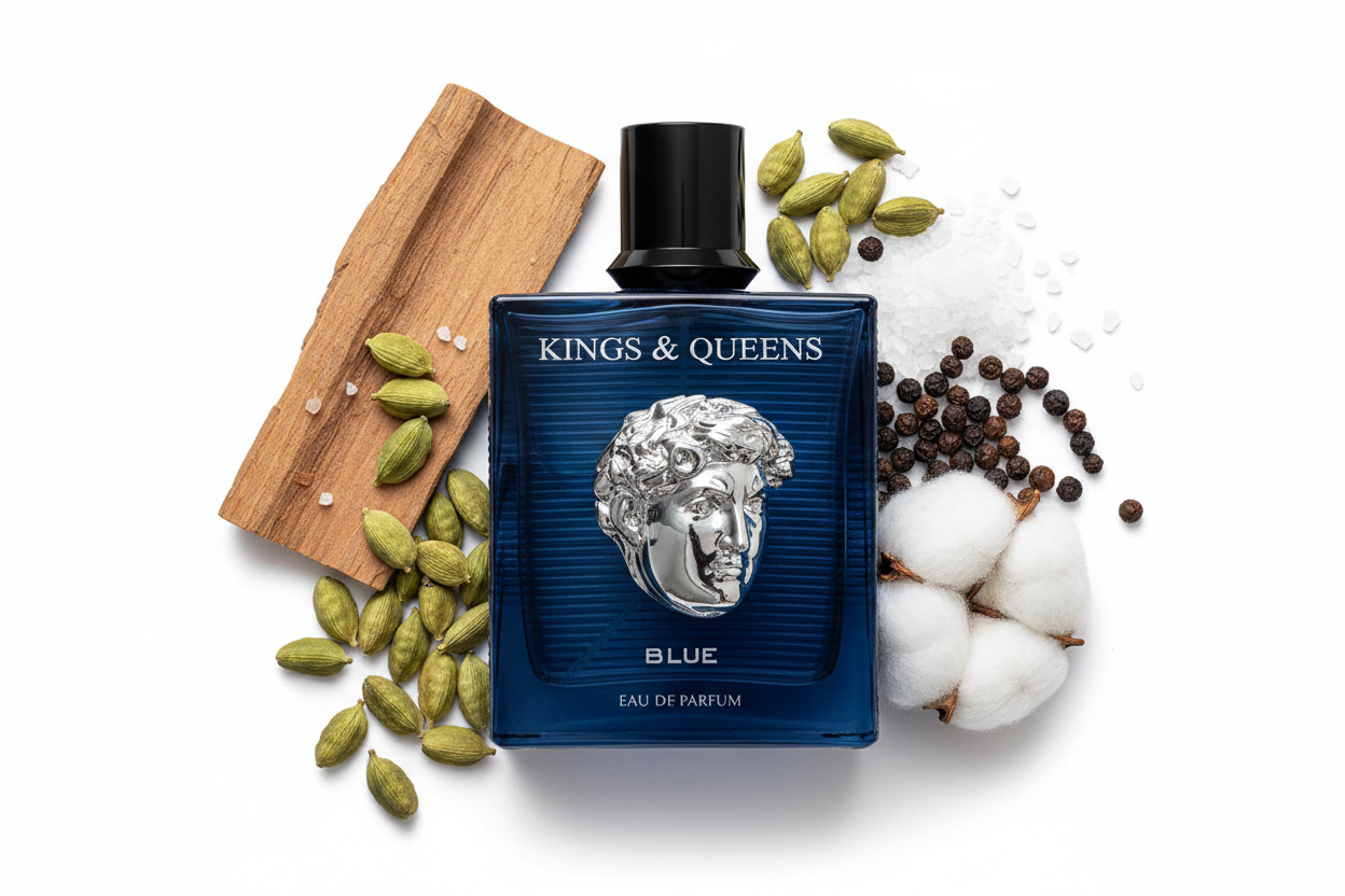 Perfume Eau de Parfum Kings & Queens Blue en frasco azul con tapa negra