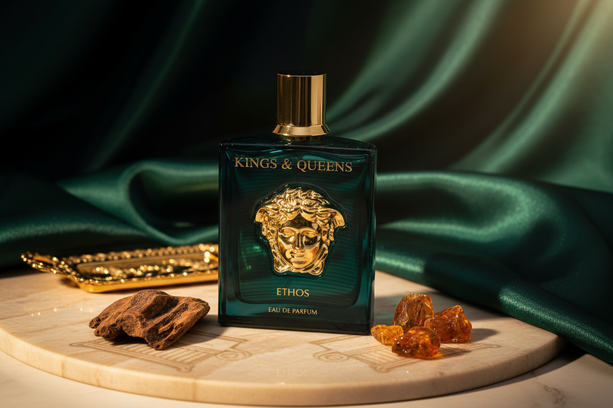 Perfume Eau de parfum Amaran Kings & Queens Ethos, frasco verde con tapa dorada