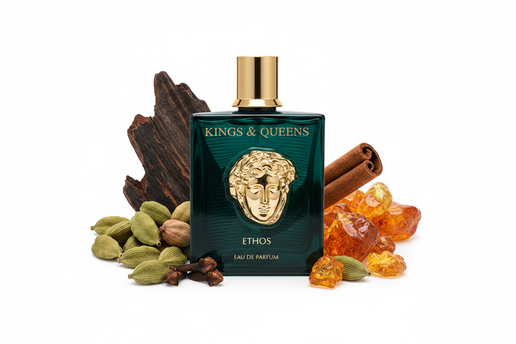 Perfume Eau de parfum Amaran Kings & Queens Ethos 100 ml, frasco verde con tapa dorada