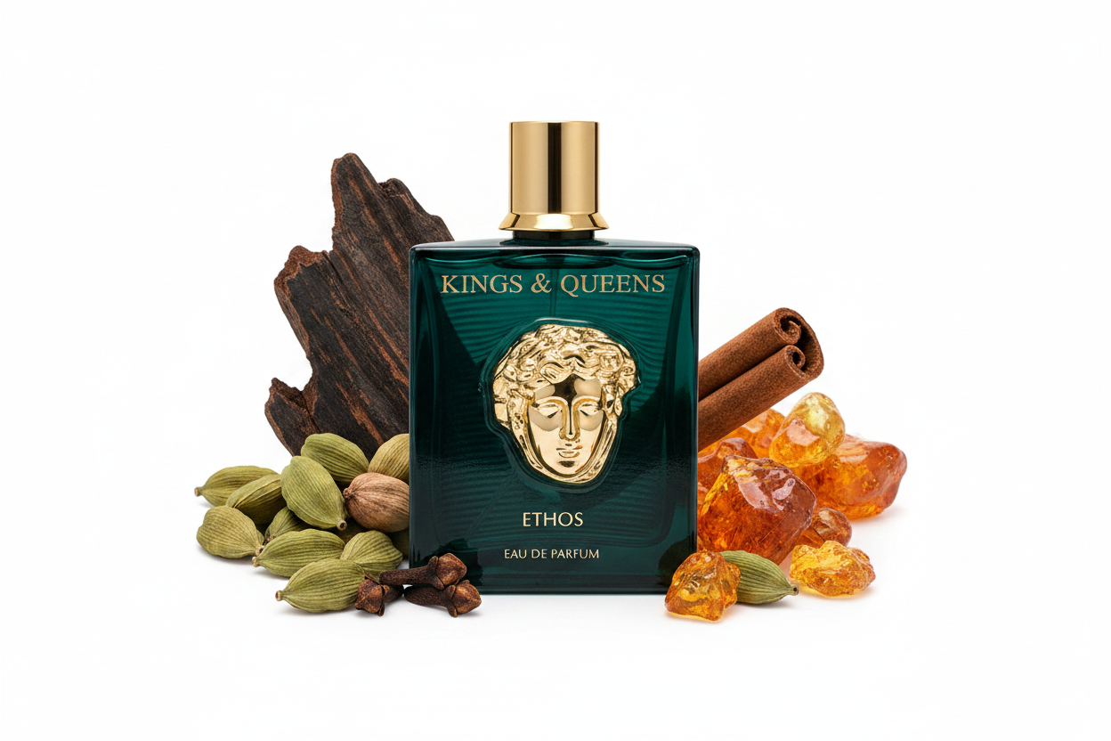 Perfume Eau de parfum Amaran Kings & Queens Ethos 100 ml, frasco verde con tapa dorada