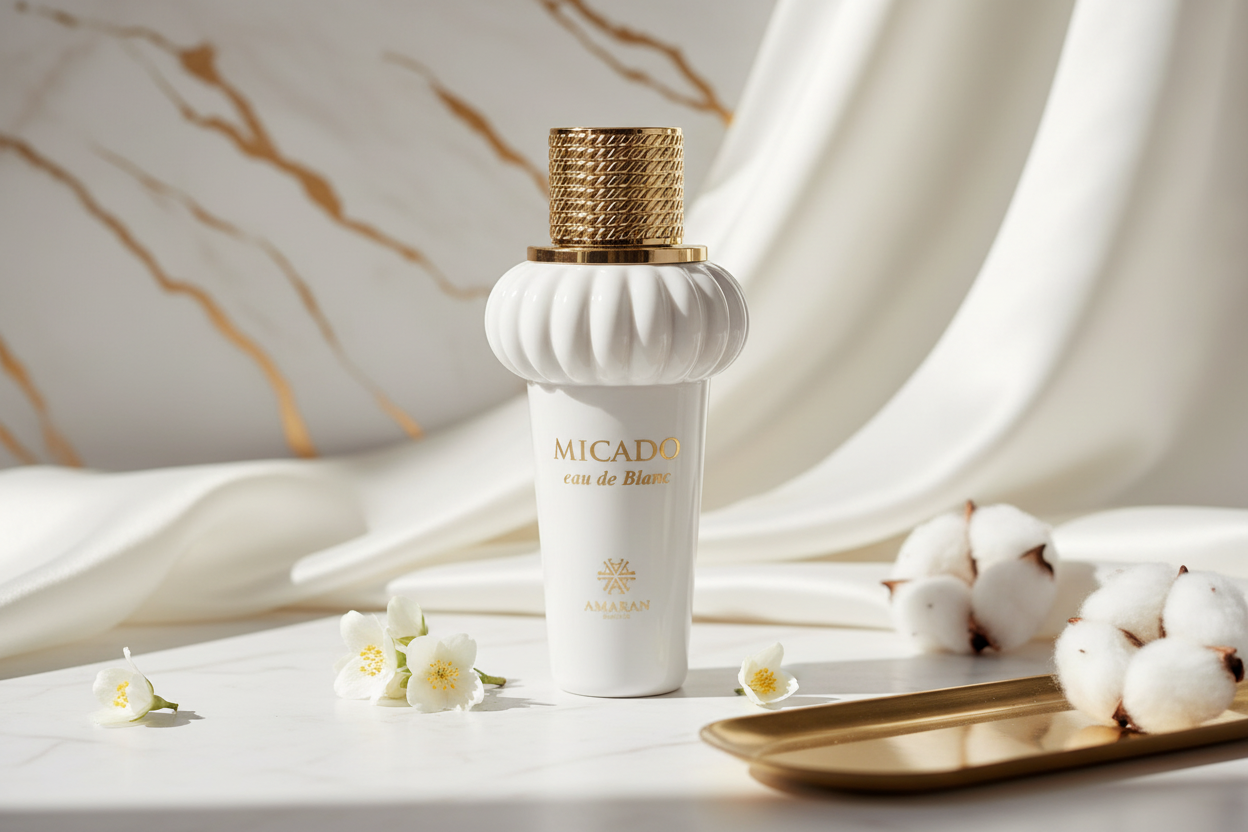 Eau de parfum Micado Blanc: frasco blanco con tapa dorada sobre tela