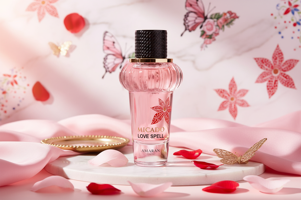 Frasco rosado de Eau de Parfum Amaran Micado Love Spell con tapa negra y etiqueta