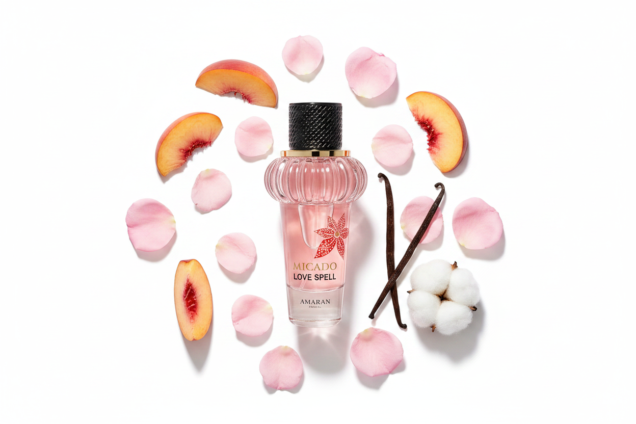 Perfume Eau de Parfum Amaran Micado Love Spell: frasco rosado y tapa negra