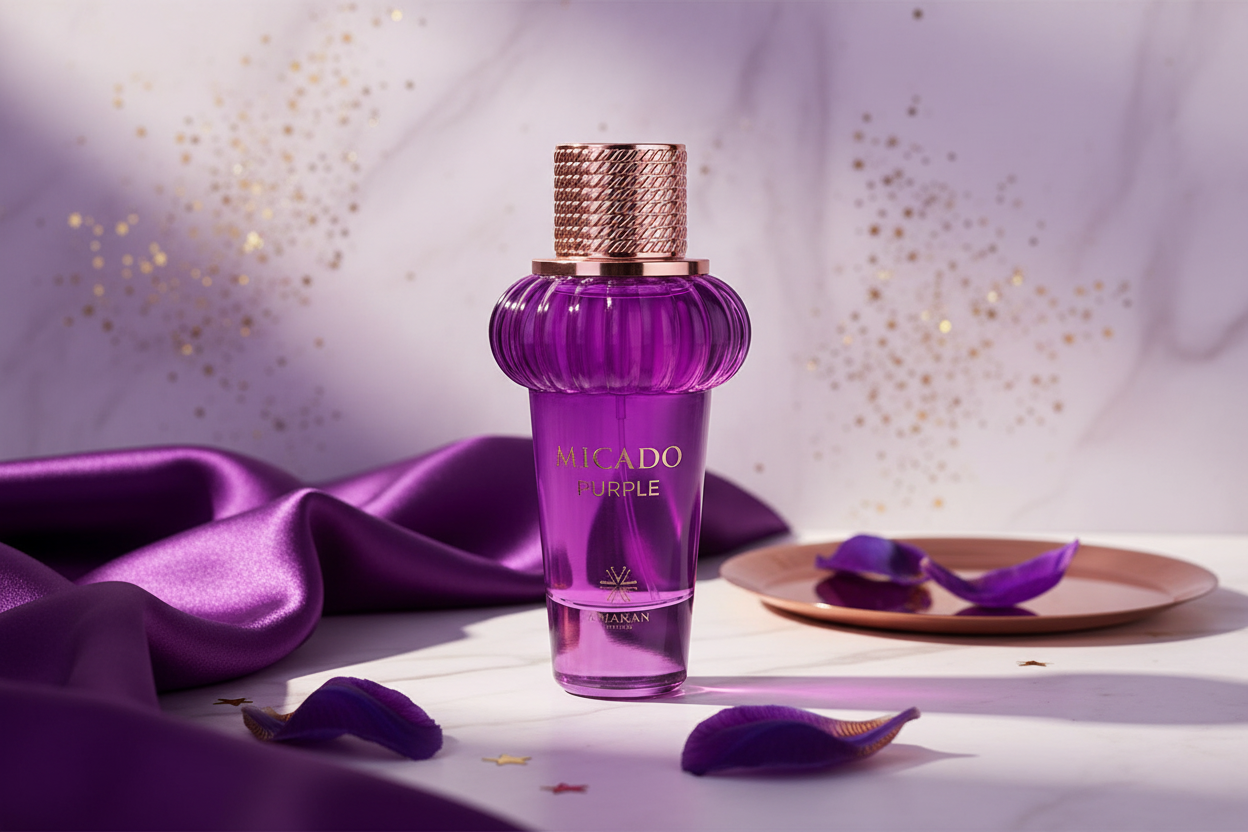 Perfume Amaran Micado Purple: frasco morado con tapa dorada y etiqueta.