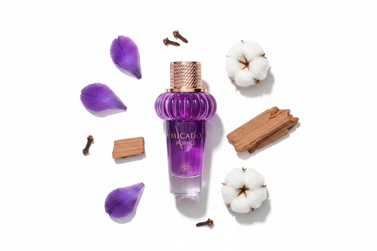 Perfume Amaran Micado Purple: frasco morado con tapa dorada y atomizador.