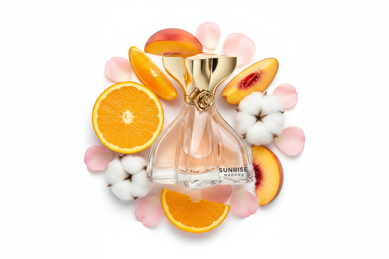 Perfume Eau de Parfum Sunrise Madame en frasco transparente con tapa dorada.