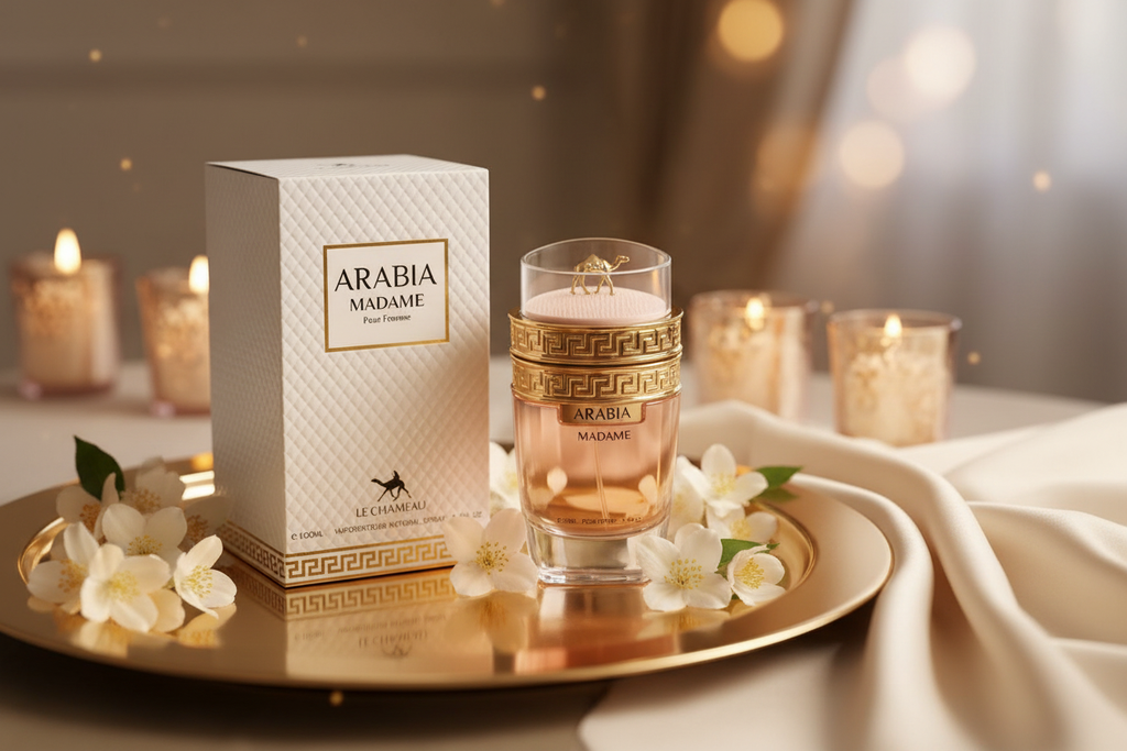 Perfume Eau de Parfum Arabia Madame con caja blanca y frasco rosa y dorado