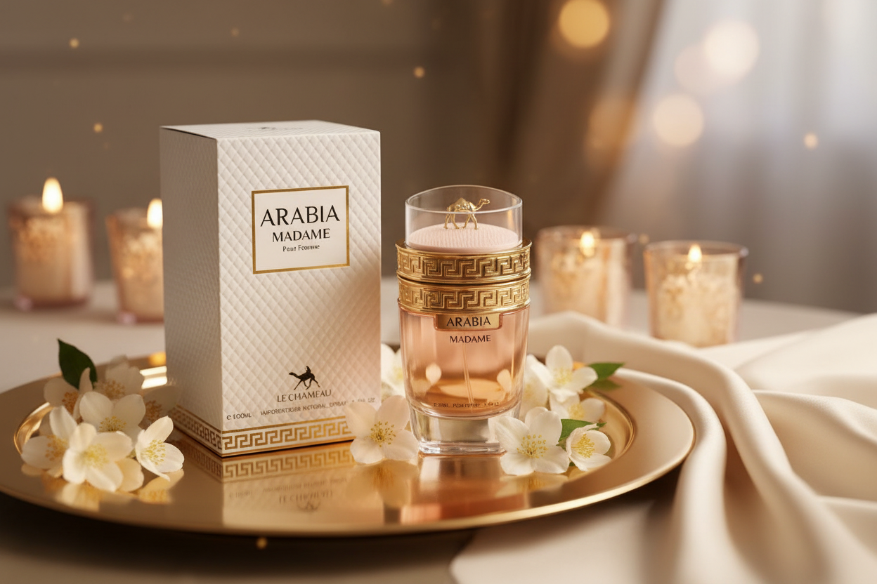 Perfume Eau de Parfum Arabia Madame con caja blanca y frasco rosa y dorado