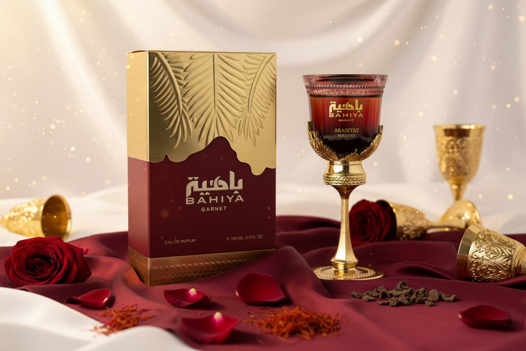 Perfume Eau de Parfum: frasco granate con soporte dorado y caja estampada