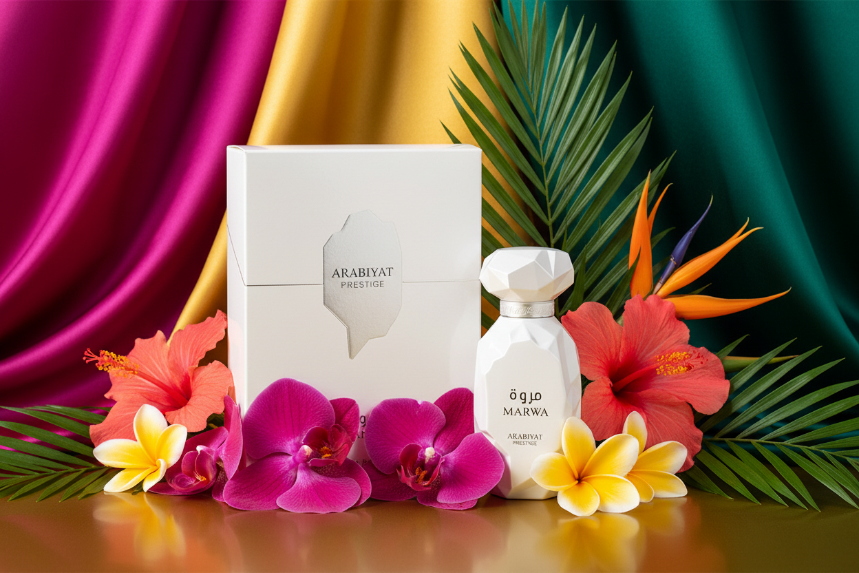 Perfume Arabiyat Prestige Marwa 100 ml: frasco blanco y estuche.