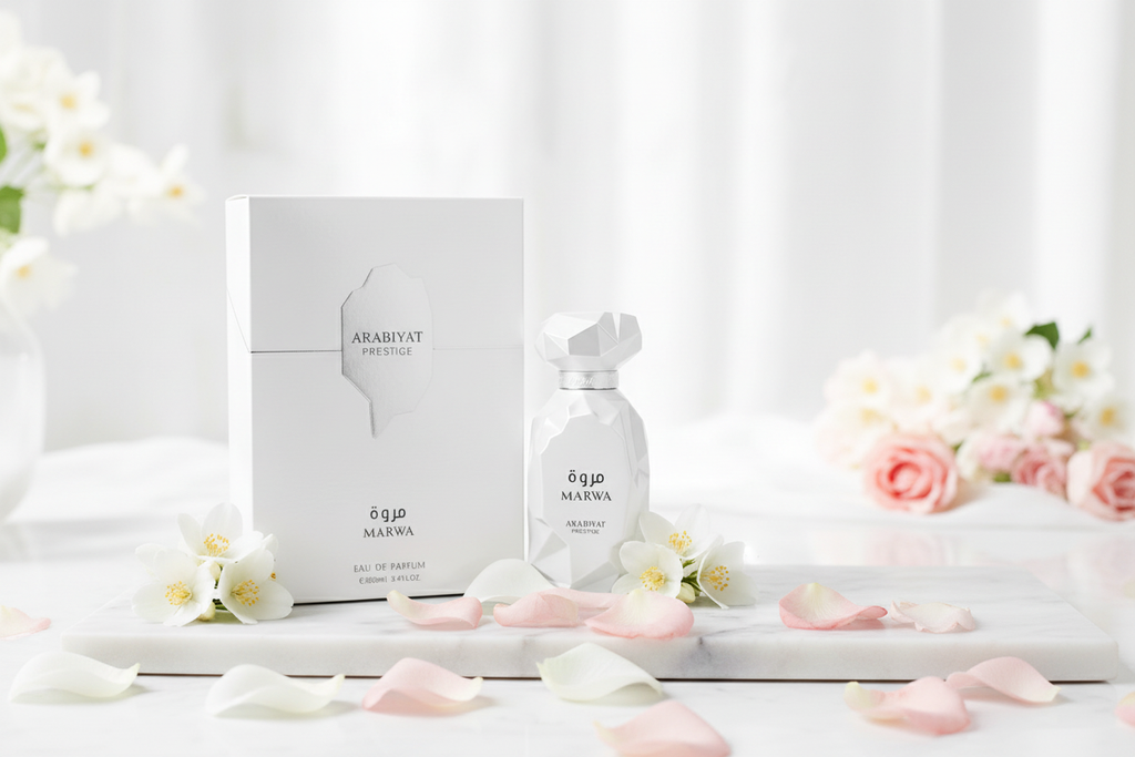 Arabiyat Prestige Marwa 100 ml: caja blanca y frasco con tapa geométrica.
